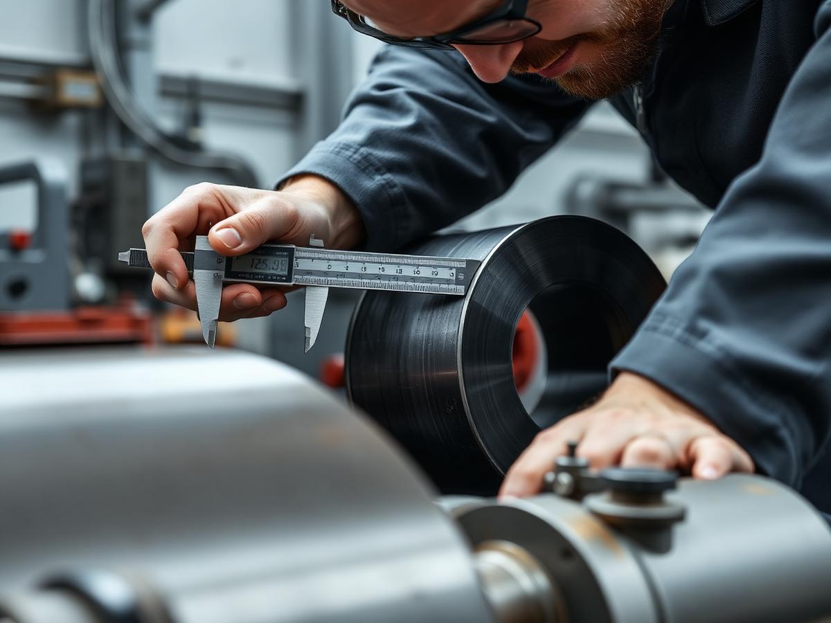 Machinist measuring a ground steel roll with a digital caliper